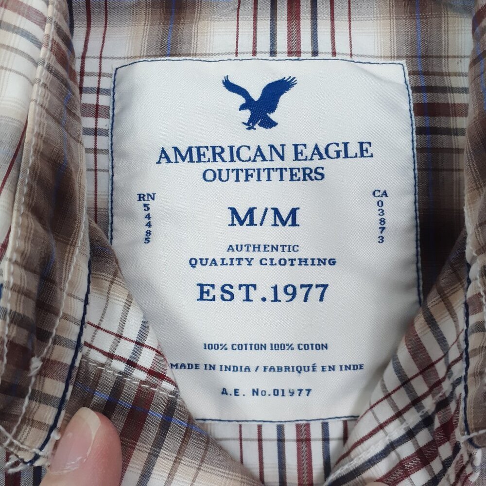 American Eagle Mens Pearl Snap Shirt M Vintage Fit Brown Plaid Cotton 838 - Picture 3 of 5
